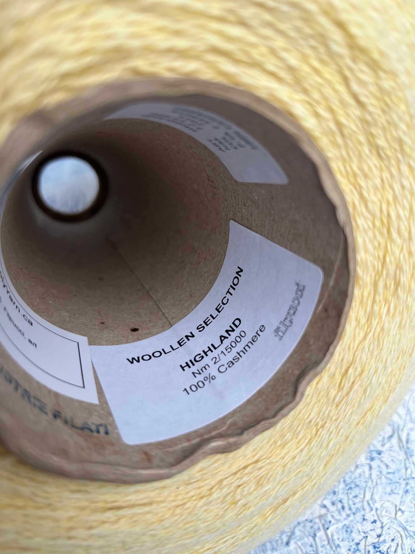 Cashmere yarn 100%, Filpucci yarn on cone, Color-Lemon. Per 100 gr