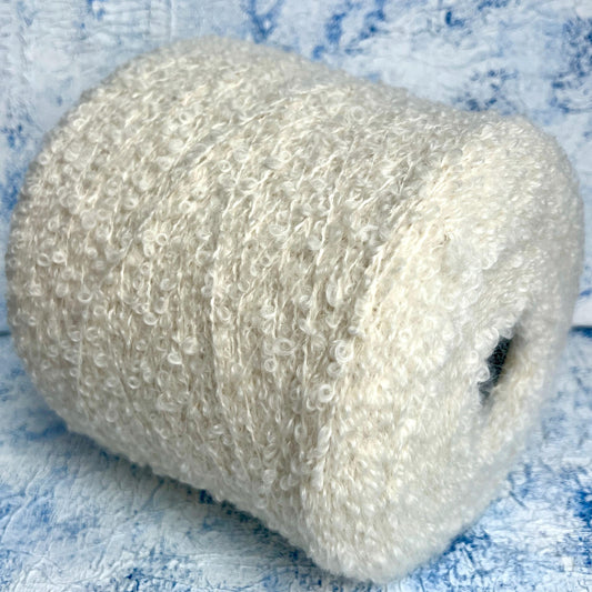 Boucle Kid Mohair 75% & Silk 25% yarn on cone-White. Per 100 gr