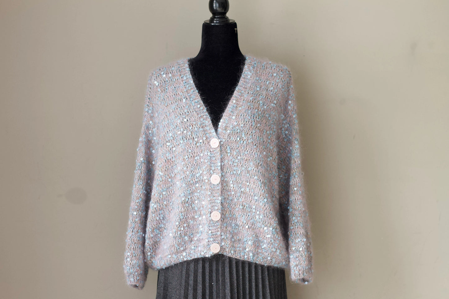 Mohair Cardigan with sequins, Balloon Sleeves, Chunky Knit Sweater, Mohair Knit Cardigan, Soft Chunky Sweater