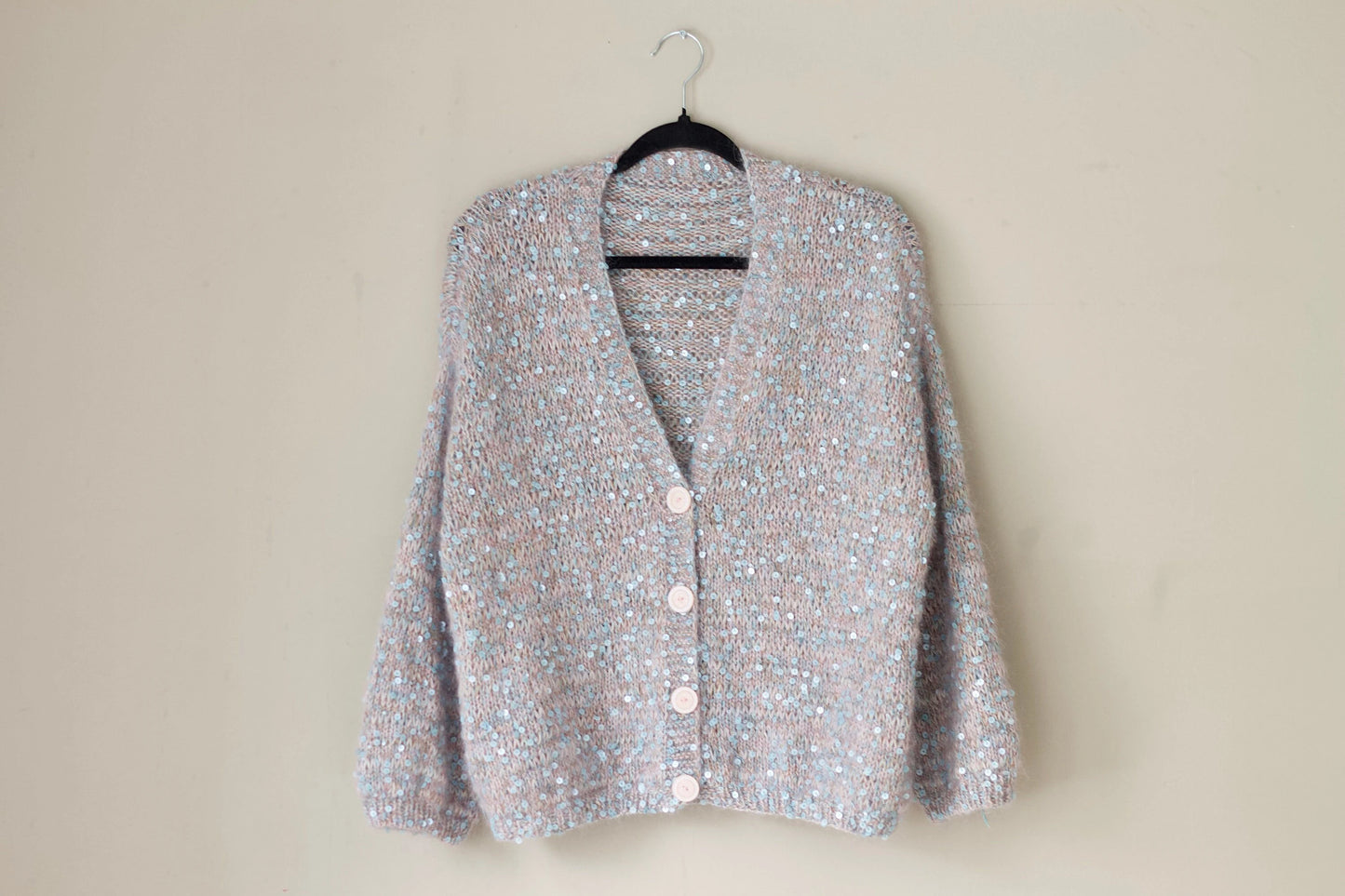 Mohair Cardigan with sequins, Balloon Sleeves, Chunky Knit Sweater, Mohair Knit Cardigan, Soft Chunky Sweater