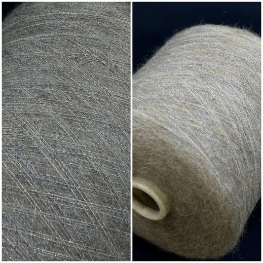 Filati Power Art: Prestige. Lux Fibre: 60% babykid mohair yarn, 16% extrafine merino wool yarn, 26% Nylon yarn, 8% Metallized yarn available at our Yarn Store in Canada. Country: Italy. Color: HAY GOLD. Yarn on cone.