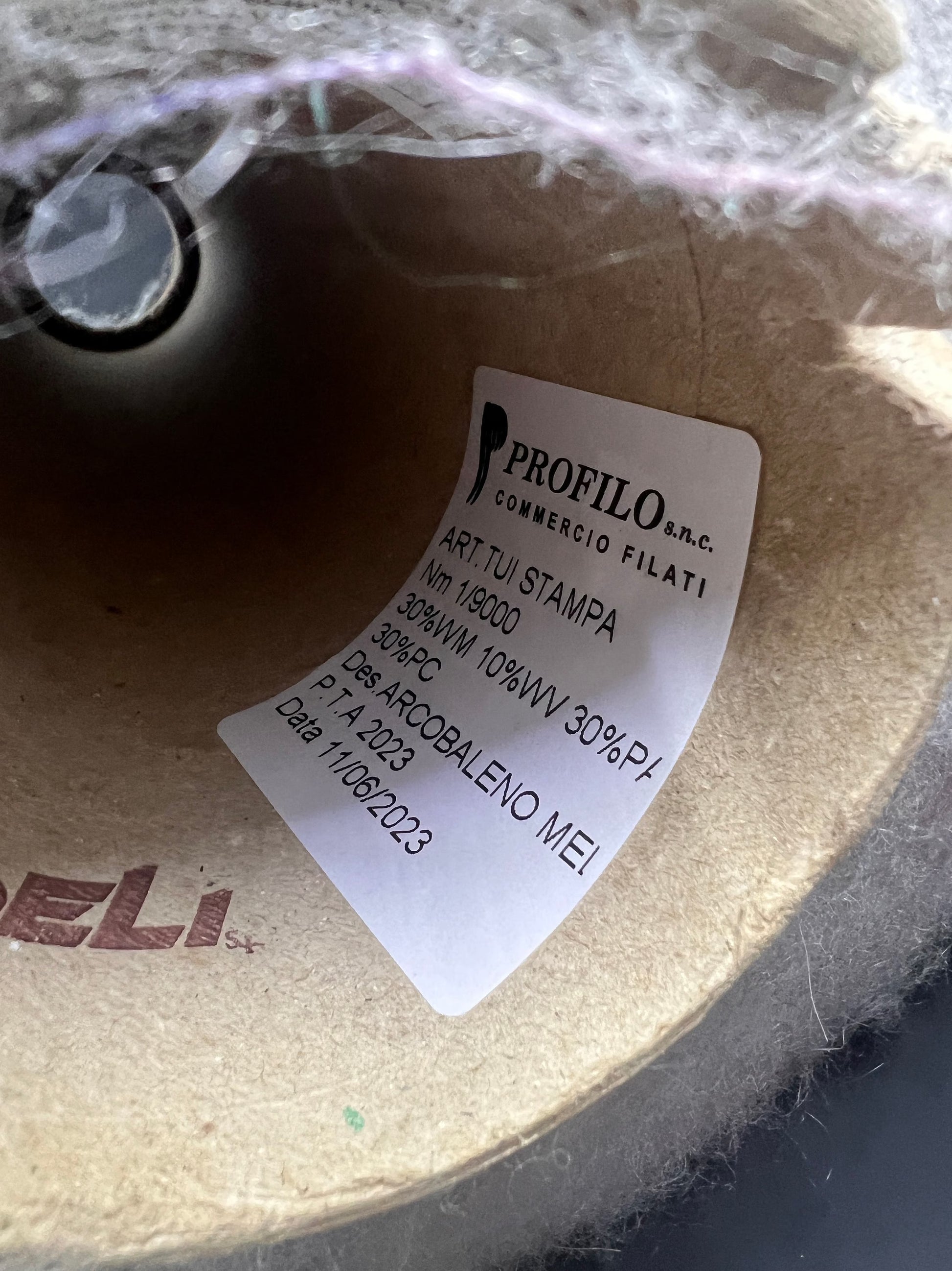 Reference: PROFILO S.N.C. Art: TUI. Fibre: 30% Super kid mohair yarn, 10% Merino wool yarn, 30% Nylon yarn, 30% Acrilico yarn, this yarn can be purchased at our yarn store in Canada. Footage: 900 m per 100 g. Yarn from country: Italy. Yarn Color: ARCOBALENO MEL.  Can be used for knitting (both machine and hand).