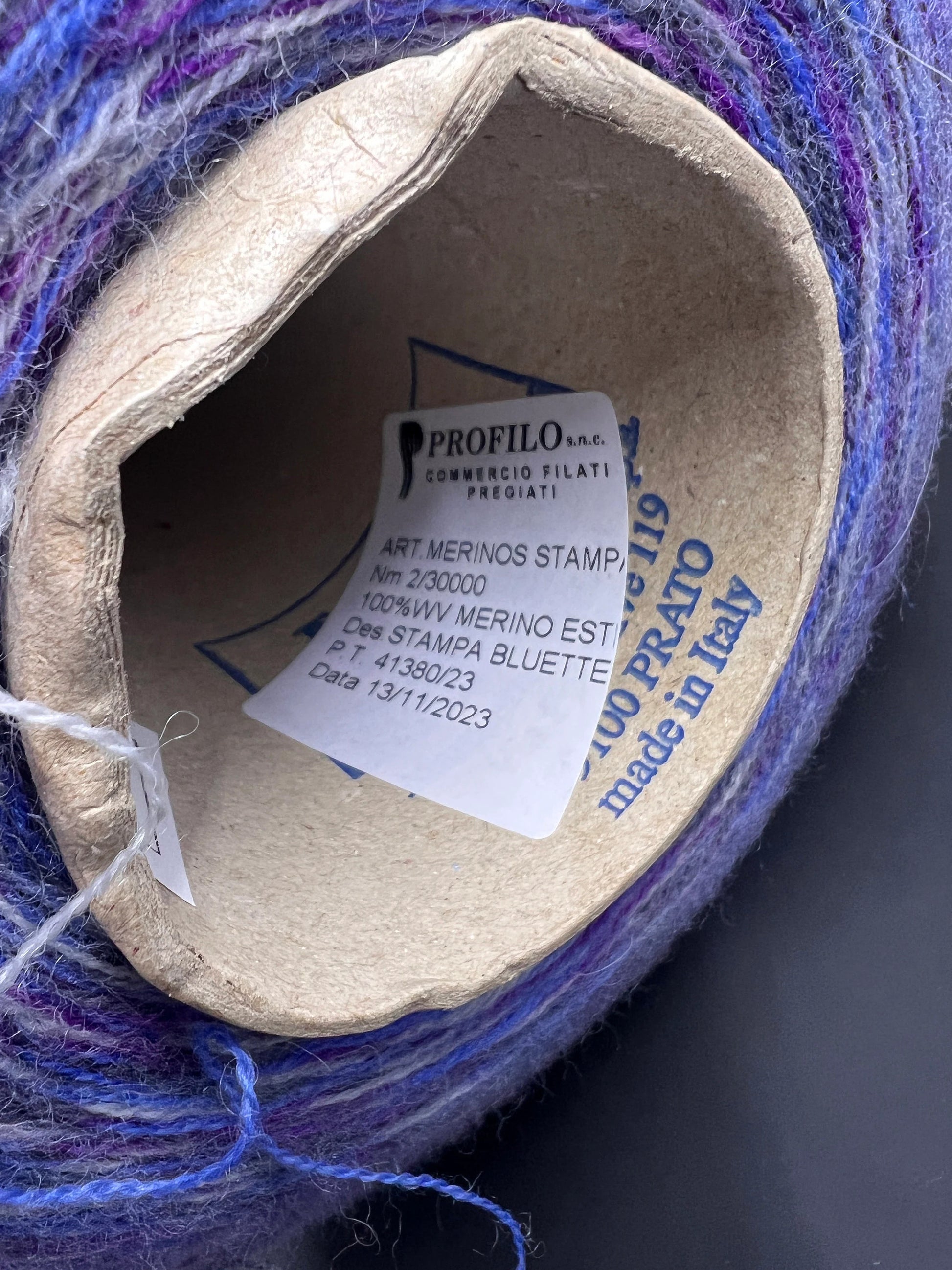 Merino Wool Yarn 100%, Merinos Stampa PROFILLO , Color Stampa Bluette, Yarn on Cone. Italian Lace Yarn. Hand and Machine Knitting. Fiber: 100% Merino Wool Yarn.  Nm 2/30.  Reference: Merino Fine Wool Yarn 100%, Merinos Stampa PROFILLO. Nm 2/30. Italian Lace Yarn, Machine knitting, Hand Knitting.