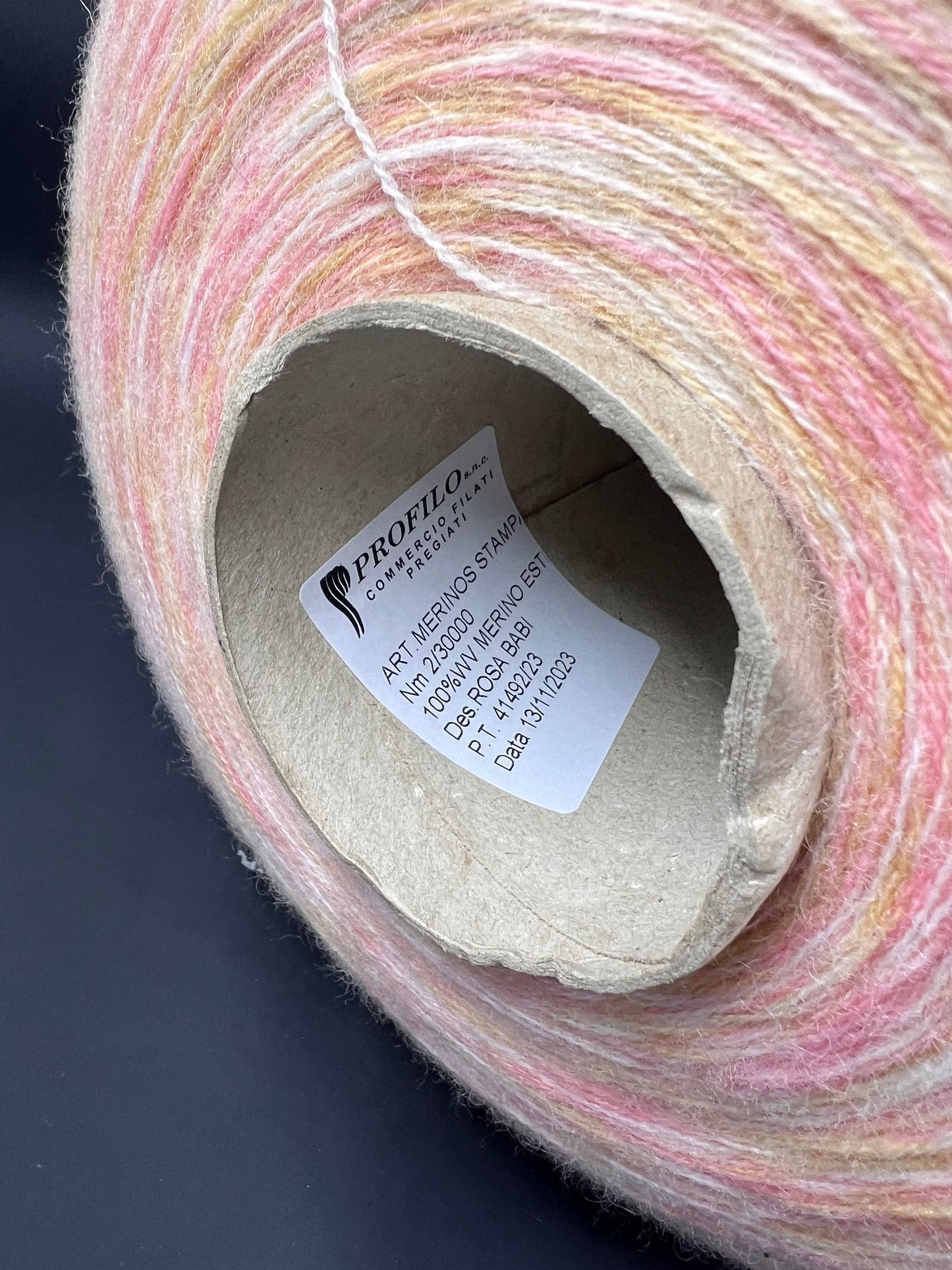 Merino Estra Yarn 100% art. Merinos Stampa PROFILLO, Color Rosa Babi. Yarn on Cone. Italian Lace Yarn. Hand and Machine Knitting. Fiber: 100% Merino Wool Yarn. Nm 2/30. Reference: Merinos Stampa PROFILLO.