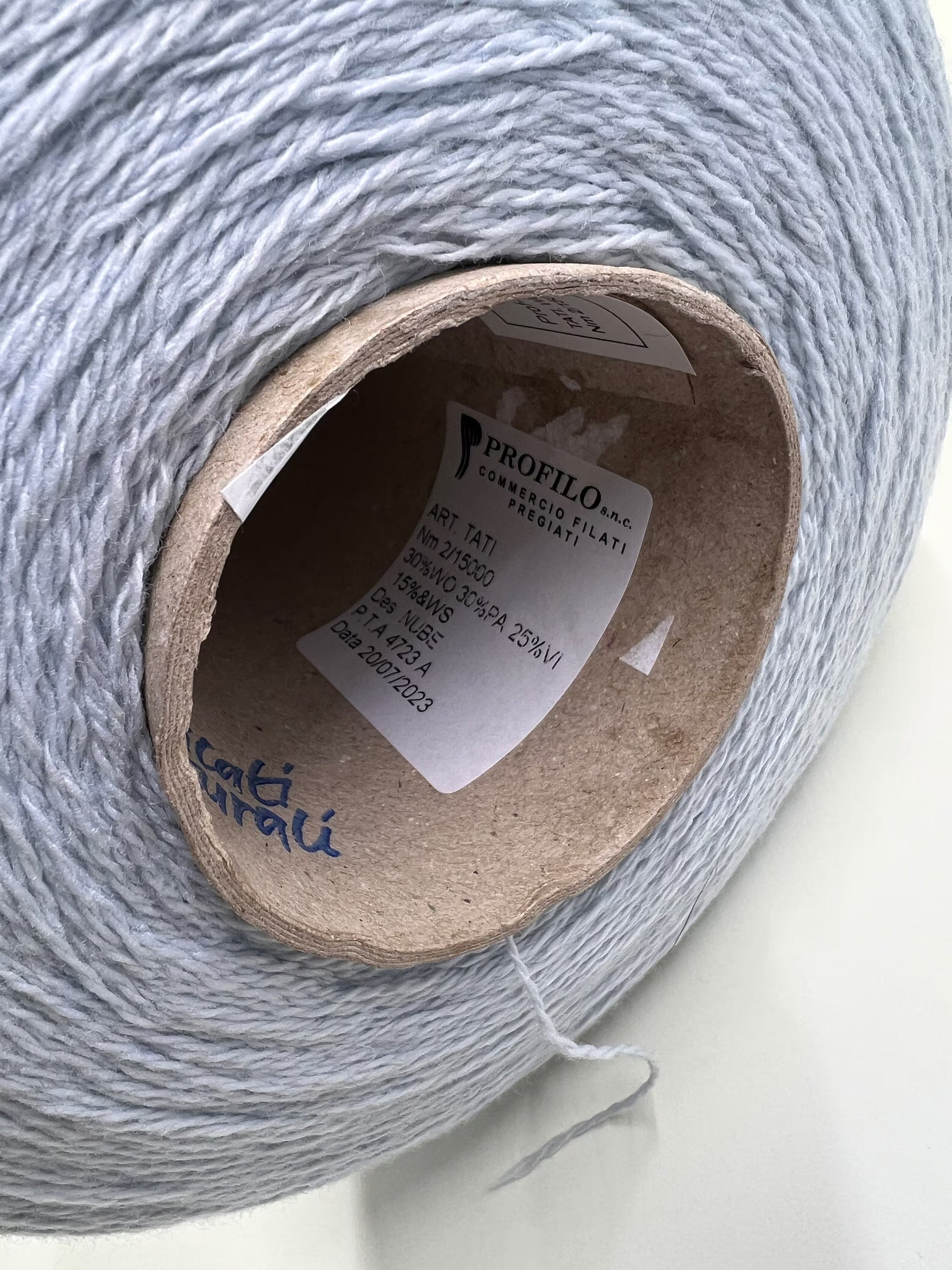 Wool Yarn 30%, Viscosa Yarn 25%, Cashmere Yarn 15%, Poliamide Yarn 30%. Profilo SNC , Color Sky, Yarn on Cone. Italian Lace Yarn. Hand and Machine Knitting. Reference:  Nm 2/15. Italian Lace Yarn, Machine knitting, Hand Knitting.