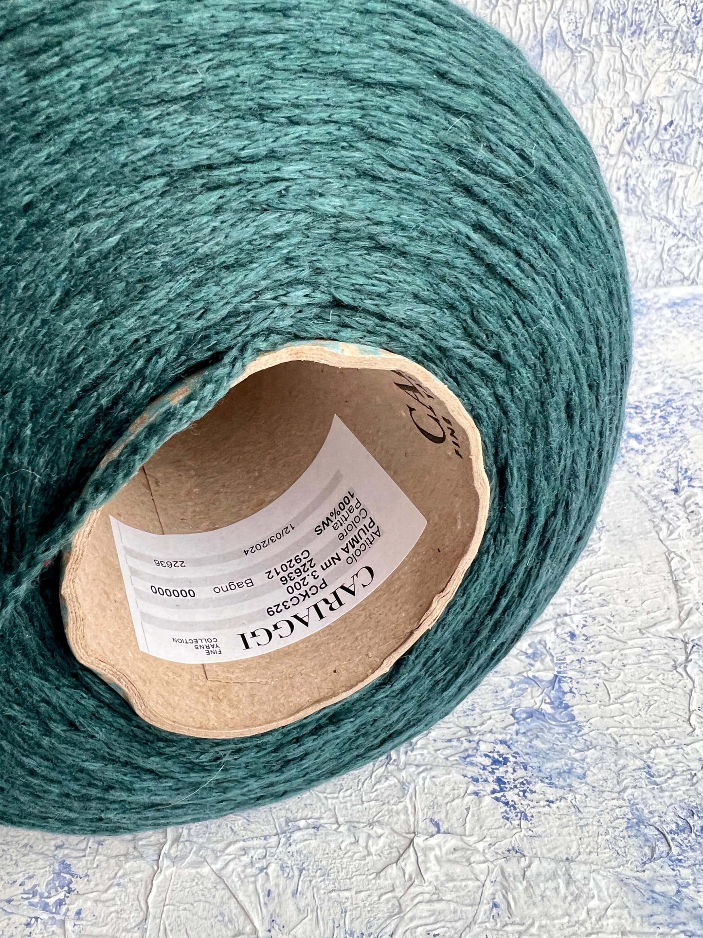 PIUMA Cashmere Yarn 100%, Yarn by Cariaggi. Yarn on Cone, Color BlueGreen. Per 100 gr