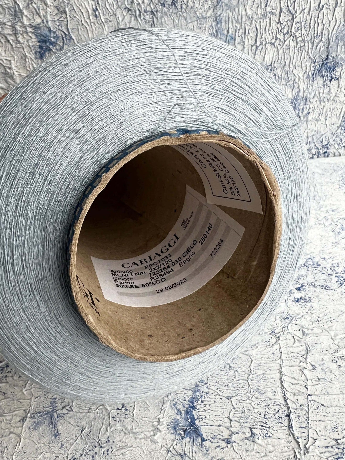 Silk Yarn 50%, Cotton Yarn 50%.Yarn on Cone. Cariaggi Yarn. Cielo Blue. Per 100 gr