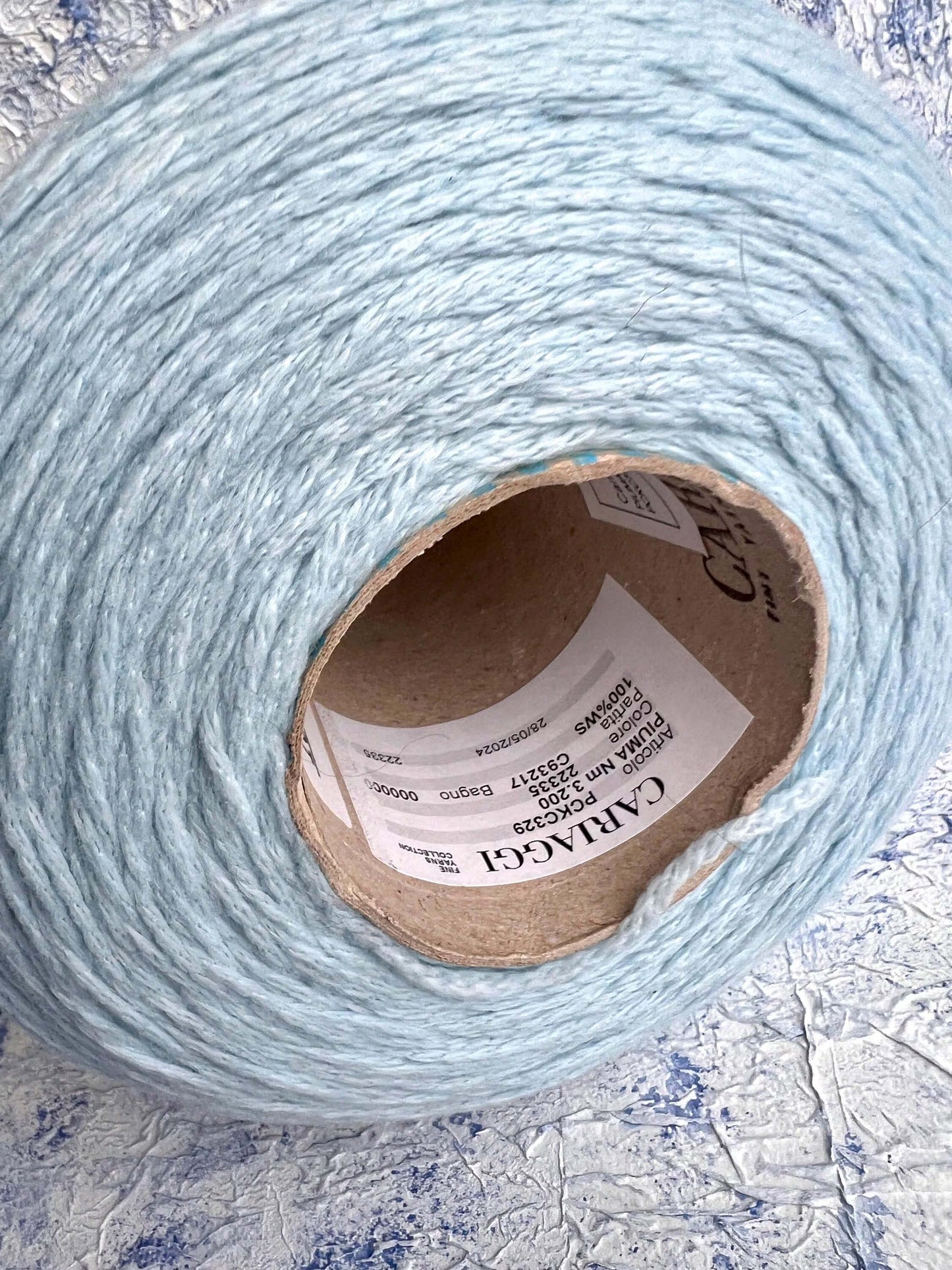 PIUMA Cashmere Yarn 100%, Yarn by Cariaggi. Yarn on Cone, Color Light Blue. Per 100 gr