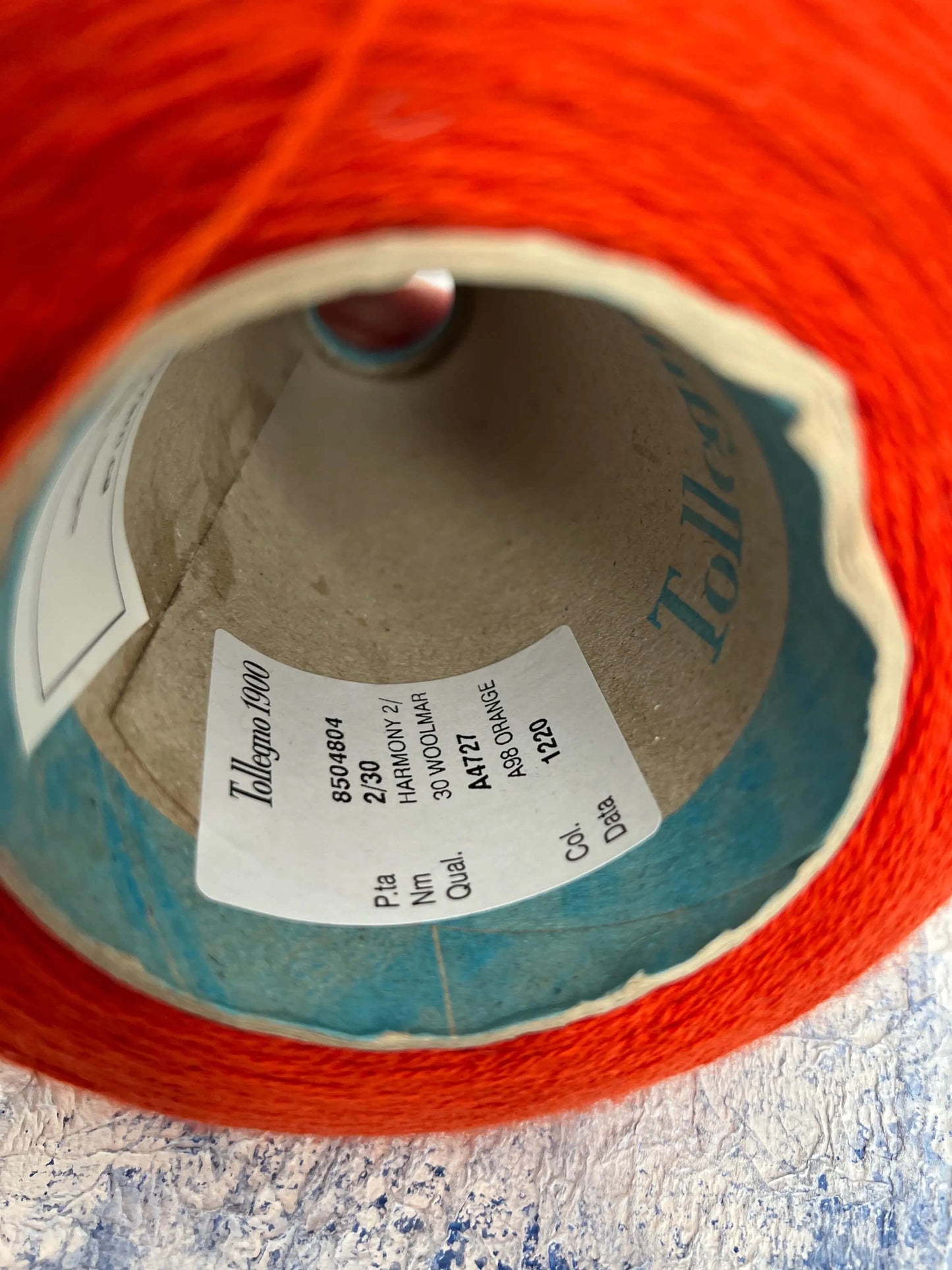 100% Extrafine Merino Wool Yarn, Toolegno Yarn on Cone, Color Orange.Per 100 gr