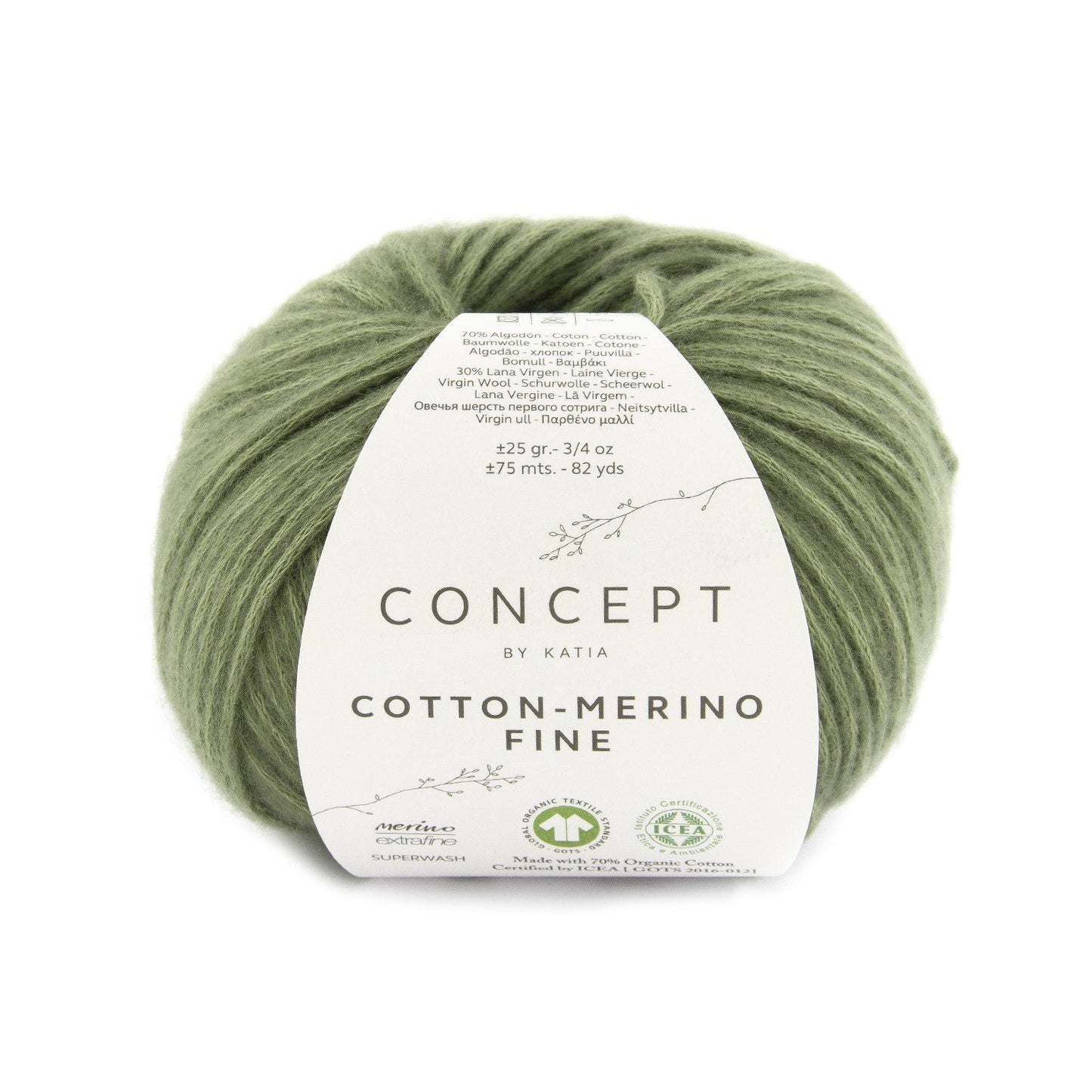 Concept Cotton-Merino Fine wool yarn by KATIA. Yarn for knitting. Concept Cotton-Merino Fine, Color green 092, 70% Cotton, 30% Merino wool, 25gr.