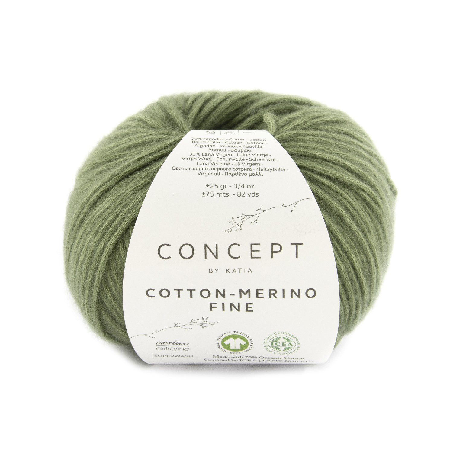 Concept Cotton-Merino Fine wool yarn by KATIA. Yarn for knitting. Concept Cotton-Merino Fine, Color green 092, 70% Cotton, 30% Merino wool, 25gr.