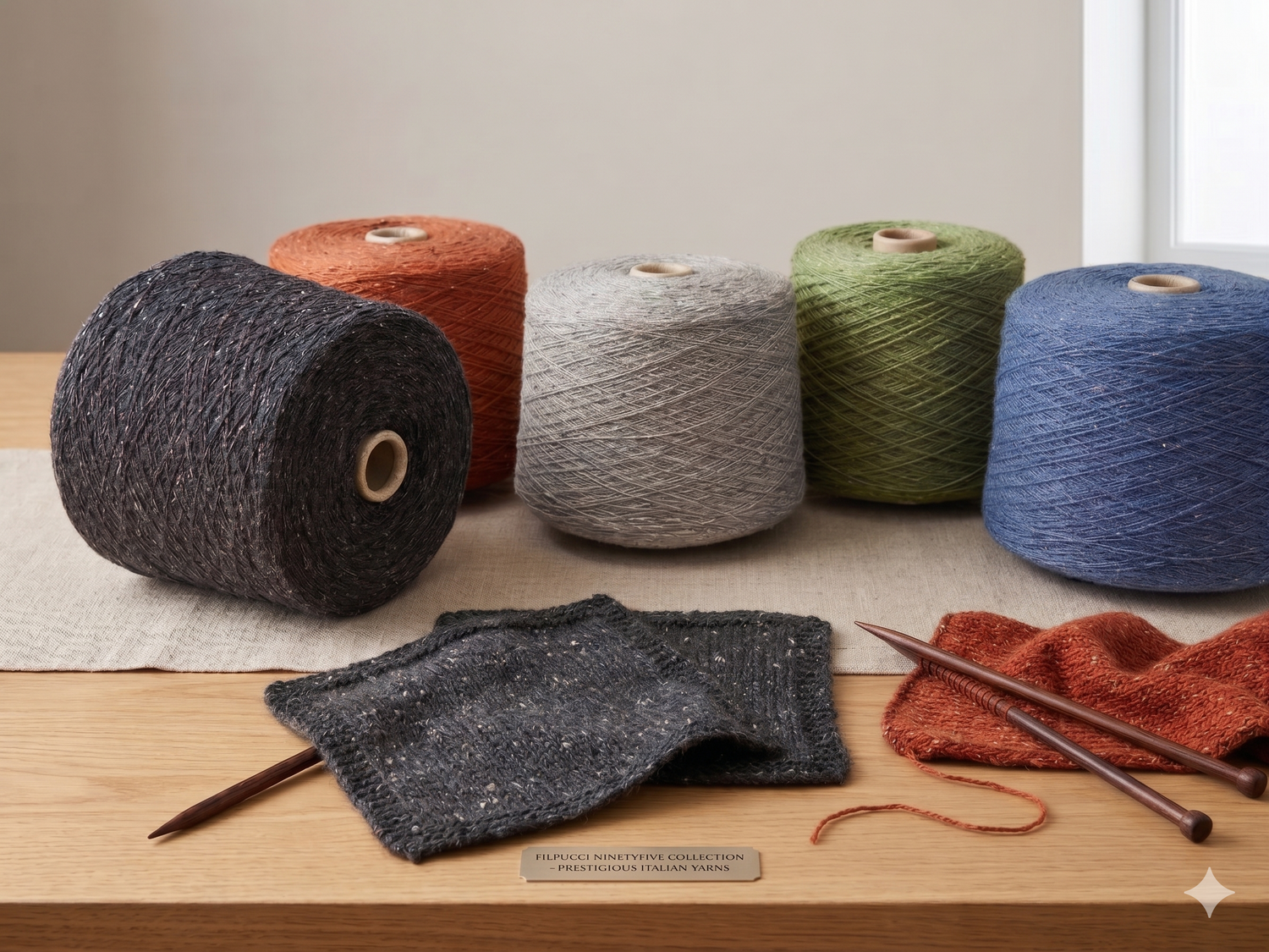 Filpucci NinetyFive luxury Italian cashmere yarn on cones. 95% Cashmere 5% Merino wool blend for hand and machine knitting. Designer yarn collection in 12 colors including Terracotta and Indigo Blue