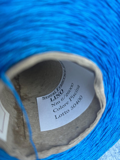 100% Linen yarn on cone. Linen Italian Yarn for Knitting. Color: Blue. Per 100 gr