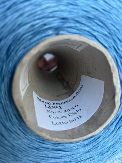 100% Linen yarn on cone. Linen Italian Yarn for Knitting. Color: Cielo. Per 100 gr