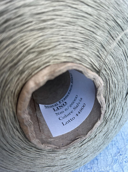 100% Linen yarn on cone. Linen Italian Yarn for Knitting. Color: Salvia. Per 100 gr