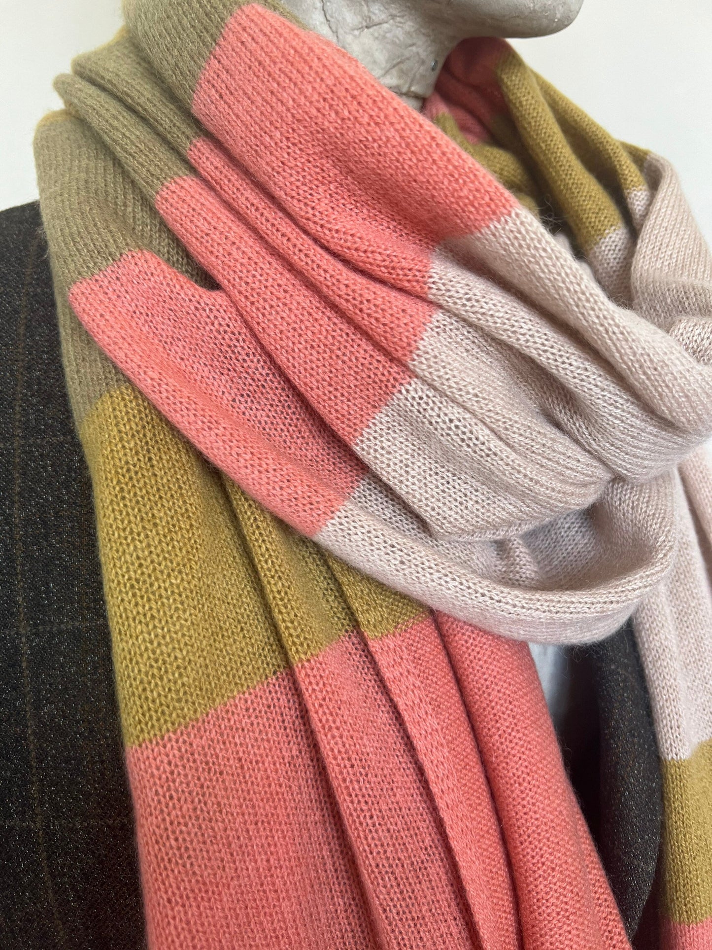 Beige-Pink-Olive Harmony: Handcrafted Cashmere Wrap in Beige, Pink, and Olive, Embrace Multi-Tonal Beauty