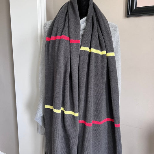 Dark Gray Scarf with Red and Yellow Stripes-100% Pure cashmere scarf by made Benedicta 2/28 Filati P