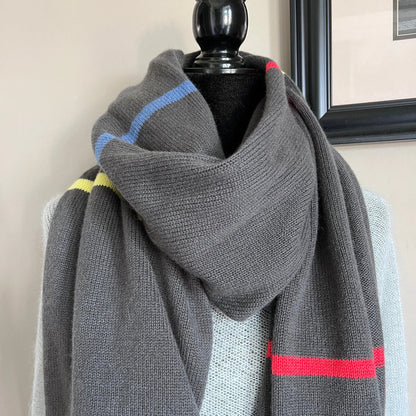 Dark Gray Scarf with Red and Yellow Stripes-100% Pure cashmere scarf by made Benedicta 2/28 Filati P