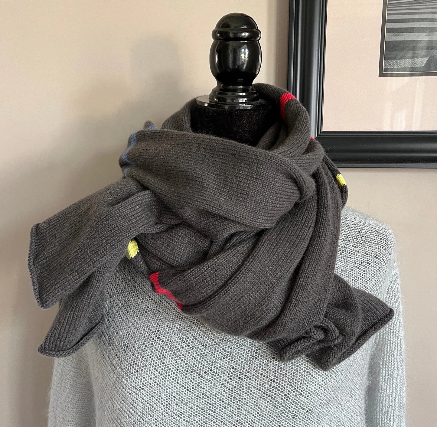 Dark Gray Scarf with Red and Yellow Stripes-100% Pure cashmere scarf by made Benedicta 2/28 Filati P