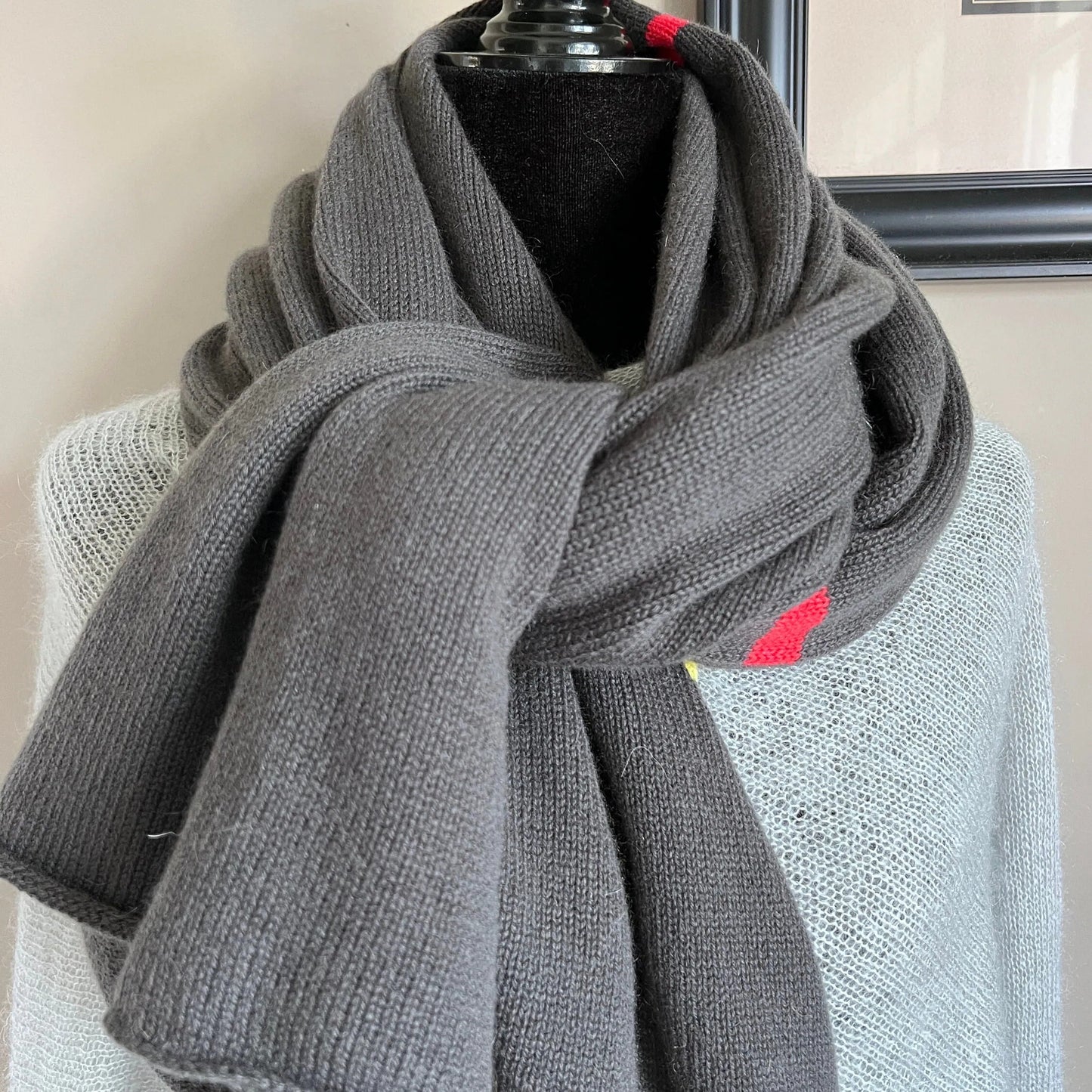 Dark Gray Scarf with Red and Yellow Stripes-100% Pure cashmere scarf by made Benedicta 2/28 Filati P