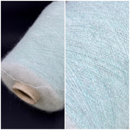 Filati Power. Art: Prestige Lux. Fibre: baby kid mohair yarn, extrafine merino wool yarn,Nylon yarn,Metallized yarn. Yarn from Italy. Color: Fog Mint. Yarn on cone. Available at our Yarn Store in Canada.