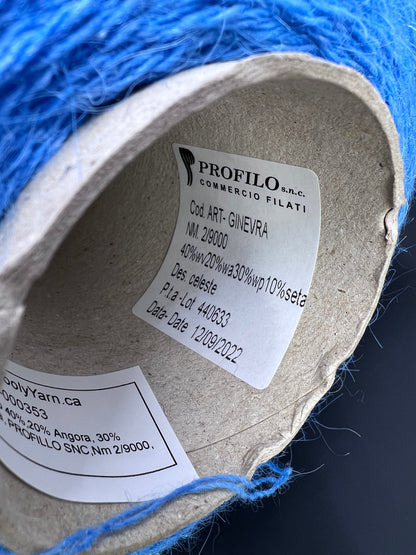 PRPFILO filati art. GINEVRA. Fiber: 40% Merino yarn, 20% Angora yarn, 30% Alpaca yarn, 10% Silk yarn available at our Yarn Store in Canada. Colour: Celeste (Sky blue).