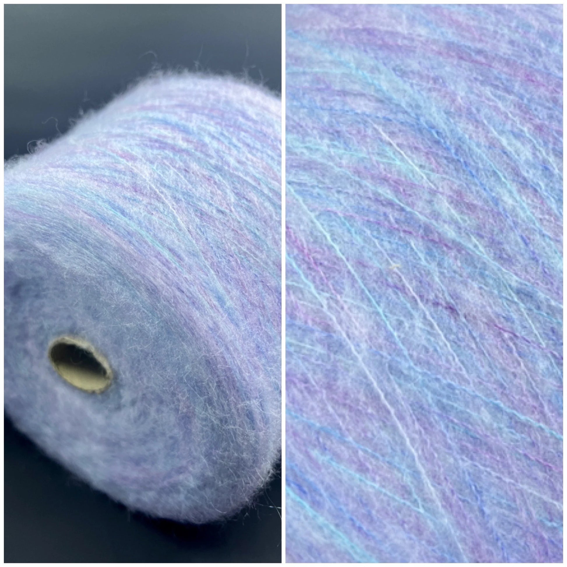 Reference: PROFILO S.N.C. TUI. Fibre: 30% Super kid mohair yarn, 10% Merino yarn, 30% Nylon, 30% Acrilico. Yarn from Country: Italy. Yarn Color: CELESTE MEL. Can be used for knitting (both machine and hand). This yarn can be purchased at our yarn store in Canada.