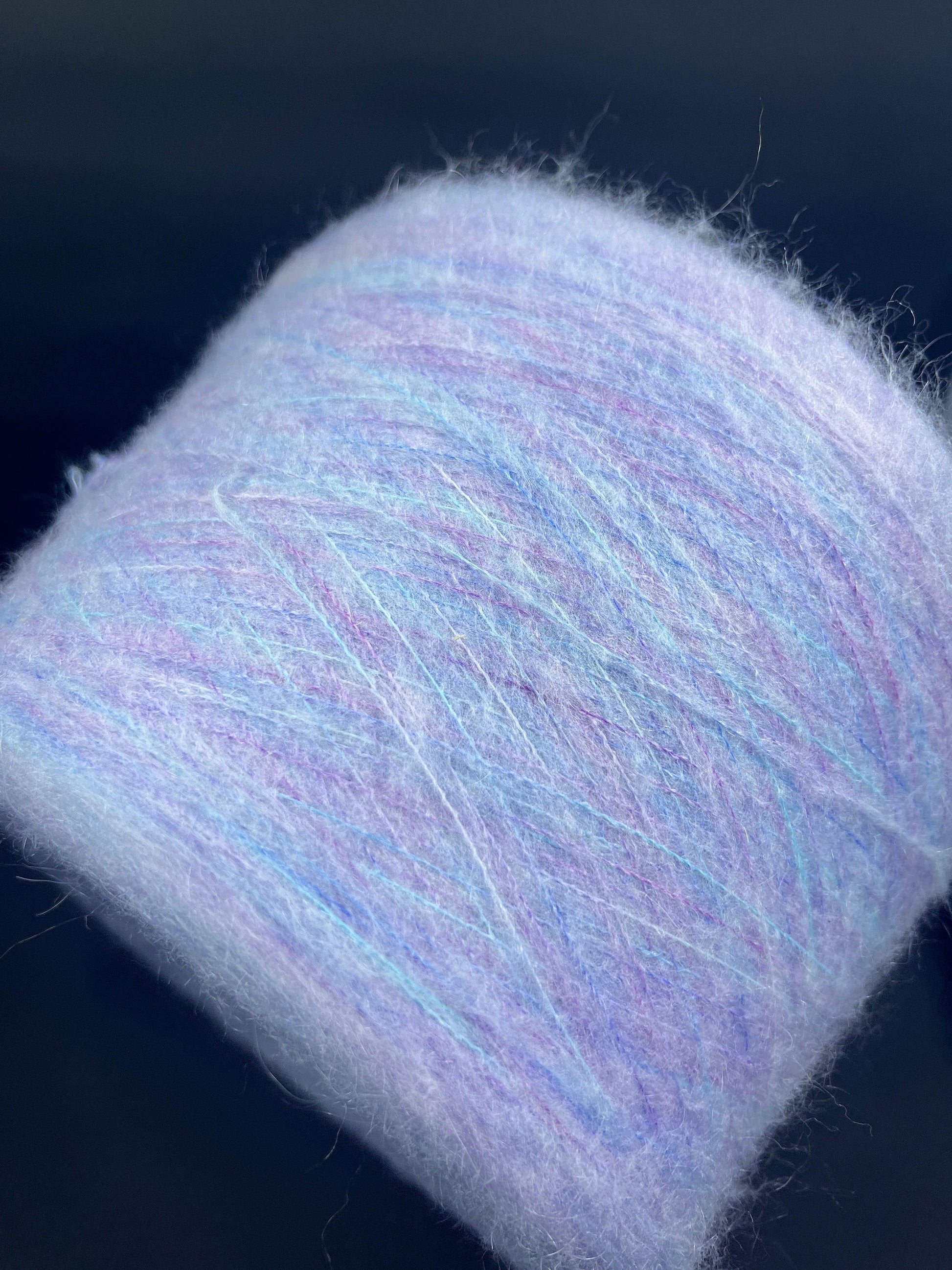 Reference: PROFILO S.N.C. TUI. Fibre: 30% Super kid mohair yarn, 10% Merino yarn, 30% Nylon, 30% Acrilico. Yarn from Country: Italy. Yarn Color: CELESTE MEL. Can be used for knitting (both machine and hand). This yarn can be purchased at our yarn store in Canada.