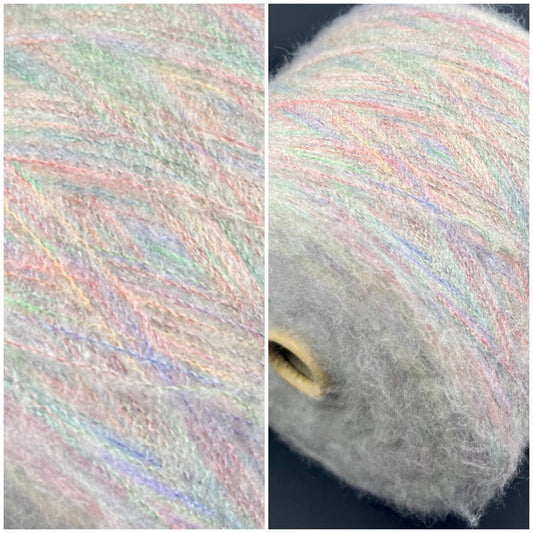 Reference: PROFILO S.N.C. Art: TUI. Fibre: 30% Super kid mohair yarn, 10% Merino wool yarn, 30% Nylon yarn, 30% Acrilico yarn, this yarn can be purchased at our yarn store in Canada. Footage: 900 m per 100 g. Yarn from country: Italy. Yarn Color: ARCOBALENO MEL.  Can be used for knitting (both machine and hand).