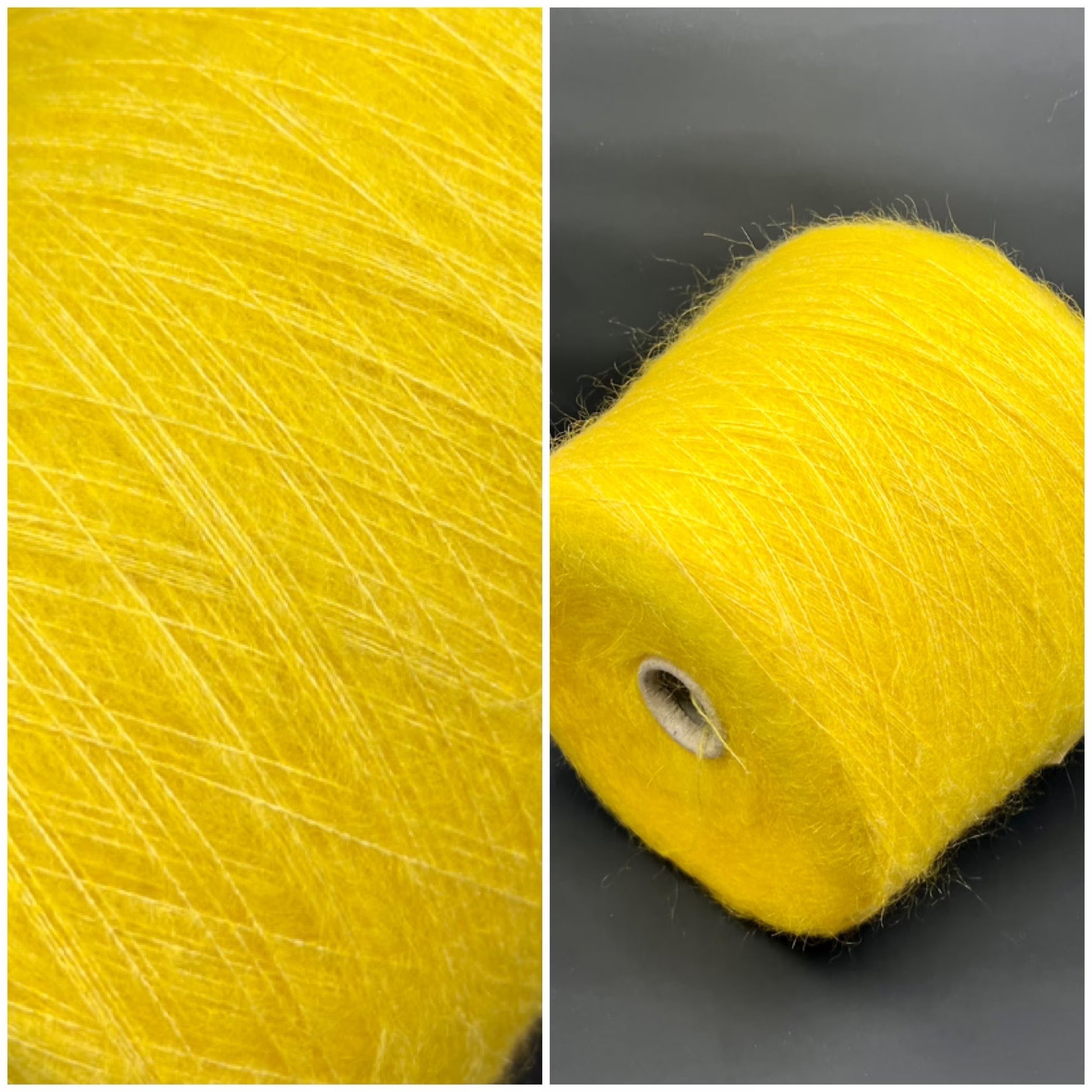 Close-up photograph of a cone of medium purple kid mohair and silk yarn, showcasing the fluffy fibers and subtle sheen. The ply twist is visible, creating a delicate thread structure with moderate fluffiness.