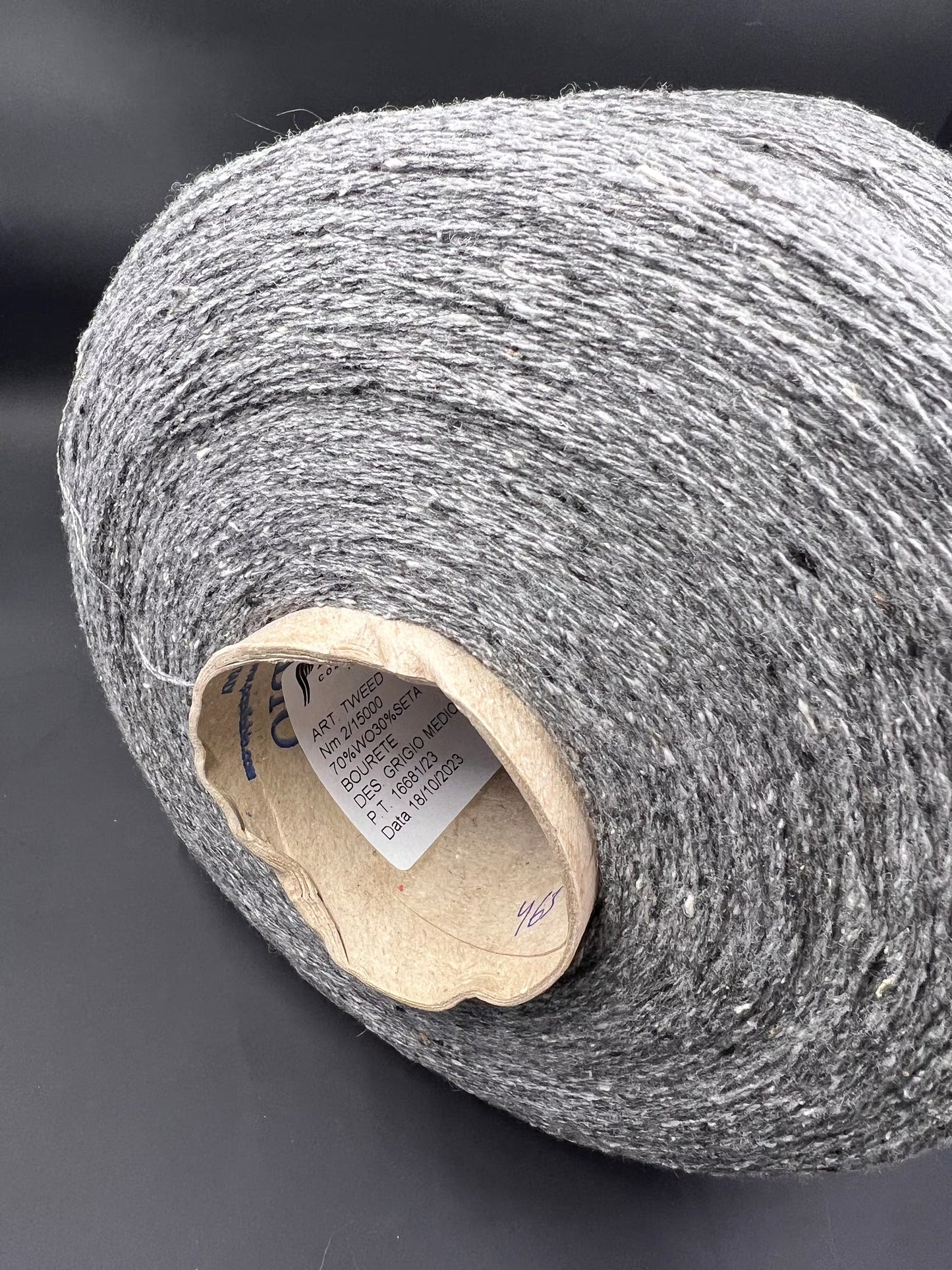 PROFILO, art. TWEED Yarn. Fibre: 70% Wool Yarn 30% Silk Yarn. Color: Grigio Medio (Medium Grey). Footage: 750m (820yard) per 100g (3.52oz) (2/15.000Nm). Country: Italy. Introducing our luxurious soft wool silk blend yarn!