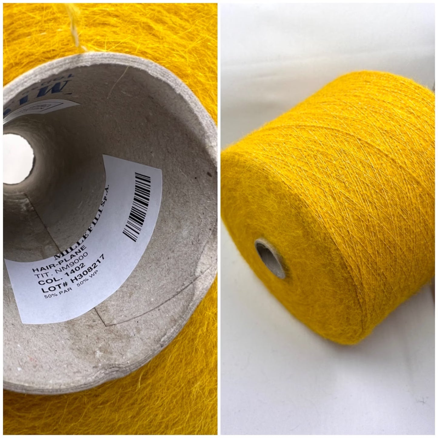 Fibre: 50% Alpaca Yarn, 50% Polyamide Yarn. Footage Alpaca PA Yarn: 900 m per 100 g. Yarn on Cone. Can be used for knitting (both machine and hand). Reference: MILLIFILI S.P.A. Art: Hair Plane. Nm 1/9000