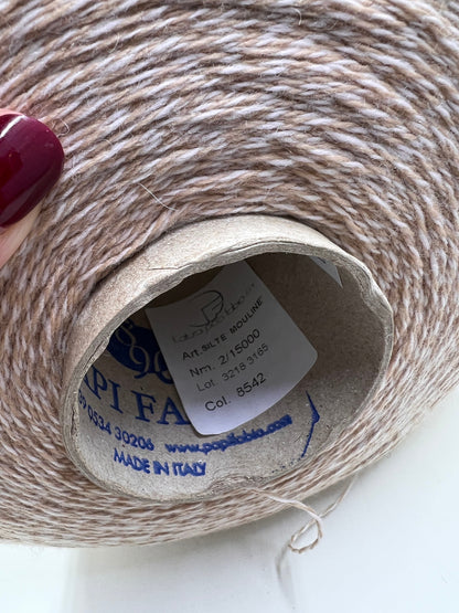 Merino Wool Yarn 100% Silte Mouline. Nm 2/15000. White/Beige. Per 100 gr