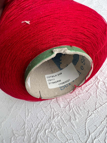 Silk Yarn 55%, Cotton Yarn 45%, Zegna Baruffa. Yarn on Cone. Color Red. Per 100 gr