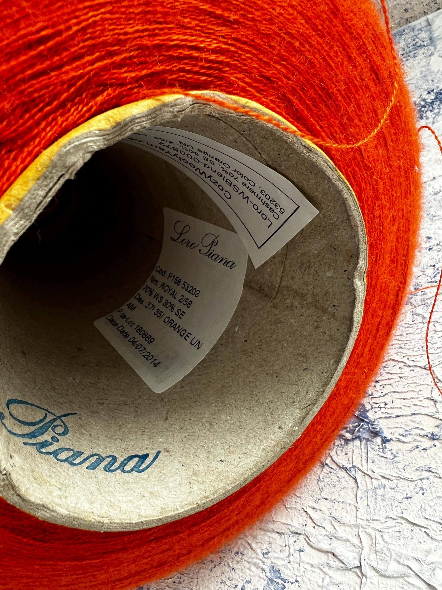 Cashmere 70% & Silk 30% yarn on cone,Loro Piana Yarn, Color Orange. Per 100 gr