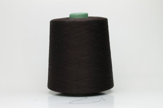 Close-up of smooth, dark Bitter Chocolate cotton yarn, tightly plied for a refined, lustrous finish. Shows even twist and deep, rich color.