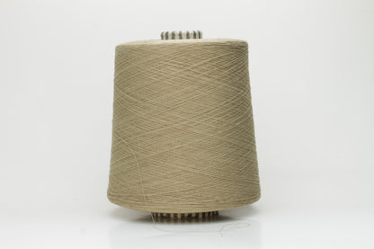 Close-up of finely spun Khaki Beige Heather 100% cotton yarn, exhibiting a soft, matte sheen and a gentle two-ply twist. The sophisticated blend of khaki and beige fibers creates a nuanced, earthy tone.