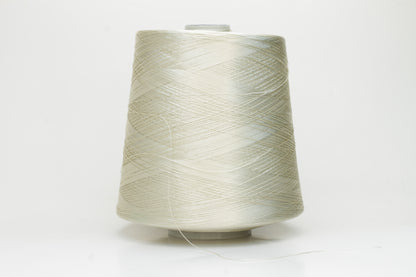Close-up of finely plied natural silk yarn in a pale, warm champagne tone, reflecting light with a soft, radiant shimmer.