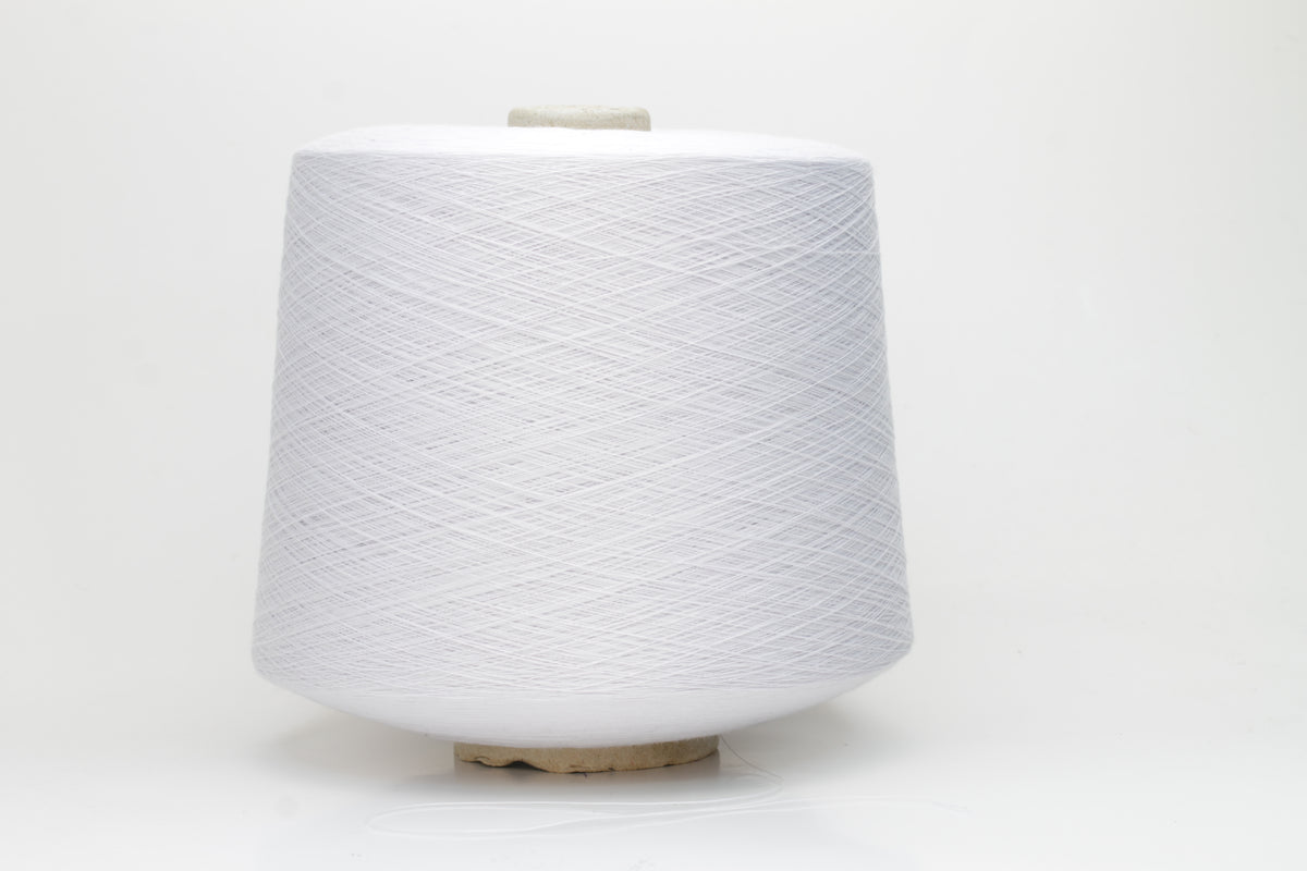 Close-up of a spool of pure white, smooth, 4-ply 100% cotton yarn with an even twist and soft matte finish, ready for textile projects.