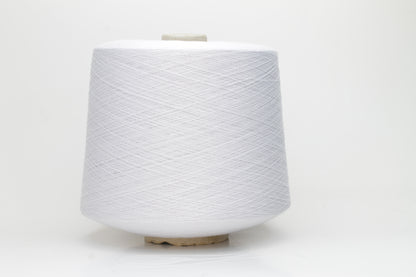 Close-up of a spool of pure white, smooth, 4-ply 100% cotton yarn with an even twist and soft matte finish, ready for textile projects.
