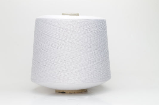 Close-up of a spool of pure white, smooth, 4-ply 100% cotton yarn with an even twist and soft matte finish, ready for textile projects.
