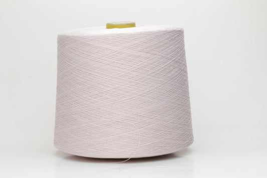 Close-up of a skein of fine, smooth light pink cotton yarn with a subtle sheen and even, tightly spun plies, showcasing its delicate hue.
