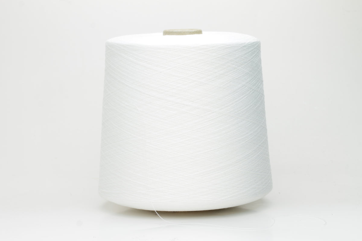 A pristine skein of bright pure white, two-ply cotton yarn, featuring a smooth, uniform twist and a subtle, sophisticated sheen.