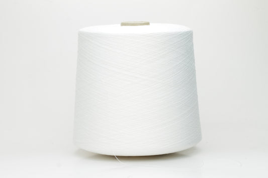 A pristine skein of bright pure white, two-ply cotton yarn, featuring a smooth, uniform twist and a subtle, sophisticated sheen.