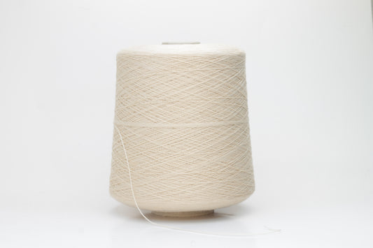 Close-up of luxurious Beige Merino wool yarn, two-ply twist with a soft, subtle sheen, and fine, consistent thread structure.