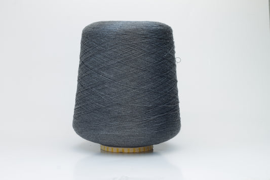 Close-up of a finely spun, lustrous dark gray silk yarn, exhibiting a smooth surface and a subtle sheen. The tightly twisted plies are visible, creating a refined, consistent thread structure.