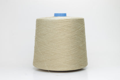 Fine, single-ply linen yarn in a rich Oatmeal. Reveals a crisp texture and subtle natural sheen, typical of pure linen fiber.