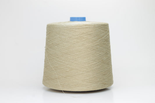 Fine, single-ply linen yarn in a rich Oatmeal. Reveals a crisp texture and subtle natural sheen, typical of pure linen fiber.