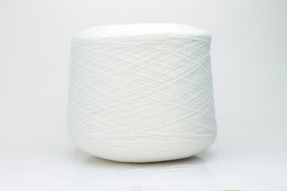 Close-up of a pristine white, two-ply cashmere yarn ball, subtly glowing with a luxurious, fine-fibered halo.