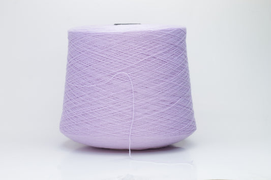 Close-up of soft, delicate two-ply cashmere yarn in a serene lavender hue, exhibiting a subtle halo and gentle sheen.
